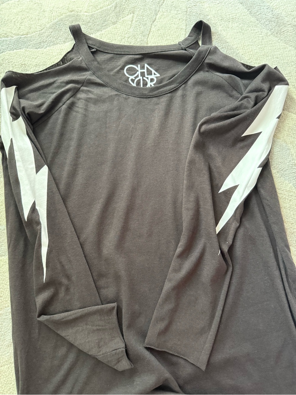 Chaser Black Cold-Shoulder Long Sleeve Tee with White Lightning Sleeves